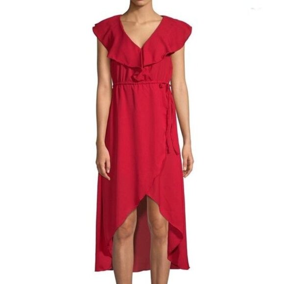 Walter Baker Dress XS Red Hi Lo‎ V Neck Ruffles W70784 Tie Waist Asymmetrical - Picture 1 of 6